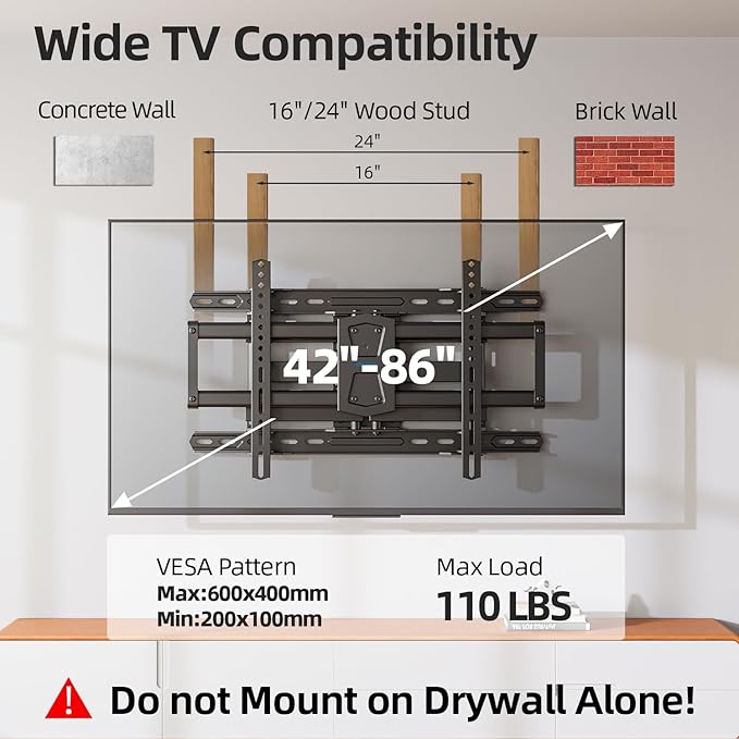 Full Motion TV Wall Mount 24 inch Studs for Most 42-86 Inch TVs, Adjustable TV Wall Mount Swivel and Tilt, Loading 110 LBS, Max VESA 600x400mm, Fits 16", 18", 24" Studs