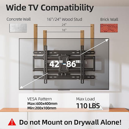 Full Motion TV Wall Mount 24 inch Studs for Most 42-86 Inch TVs, Adjustable TV Wall Mount Swivel and Tilt, Loading 110 LBS, Max VESA 600x400mm, Fits 16", 18", 24" Studs