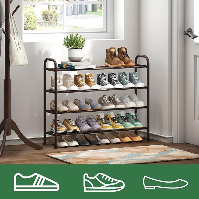 Metal Shoe Rack, Expandable Metal Shoe Rack for Closet, Entryway & Hallway (Brown, 4-Tier_Long)