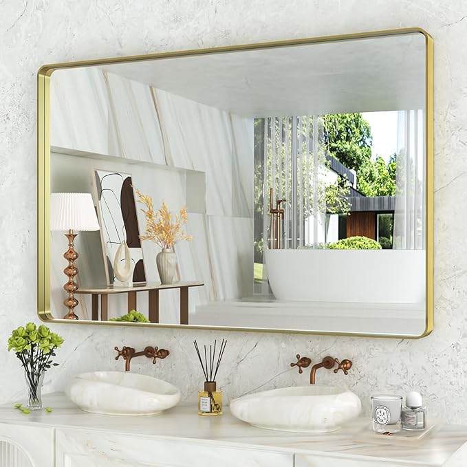 WEER Gold Bathroom Mirror, 55X36 Inch Brushed Gold Metal Frame Mirror, Rounded Rectangle Gold Bathroom Vanity Mirror for Wall, Tempered Glass, Anti-Rust, Hangs Horizontally or Vertically