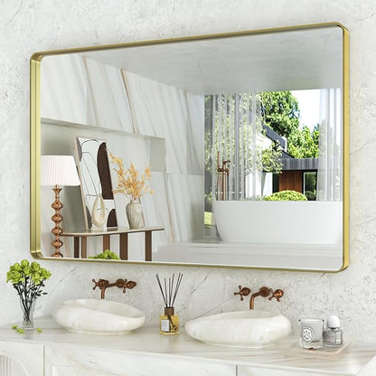 WEER Gold Bathroom Mirror, 55X36 Inch Brushed Gold Metal Frame Mirror, Rounded Rectangle Gold Bathroom Vanity Mirror for Wall, Tempered Glass, Anti-Rust, Hangs Horizontally or Vertically