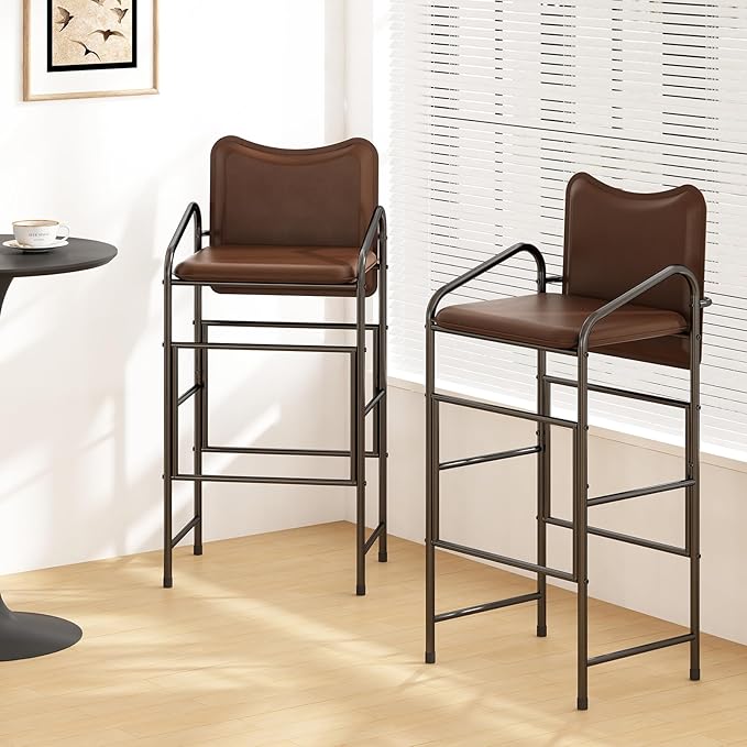 GILLAS Set of 2 Bar Stools with Backrest and Armrest, 36.2" PU Leather Counter Height Stools, Industrial Bar Chairs for Kitchen Island, Home Bar, Brown