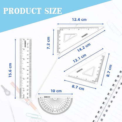 Geometry Set, 4PCS Geometry Kit for Students, Clear Protector, 6in Ruler, 2 Triangles, Metric and Imperial Scales