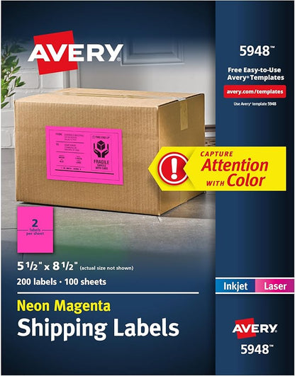 Avery Printable Shipping Labels, 5-1/2" x 8-1/2", Neon Magenta, Laser & Inkjet Compatible, 200 Blank Labels Total, Great for Branding, Mailing, Organizing, and More (5948)