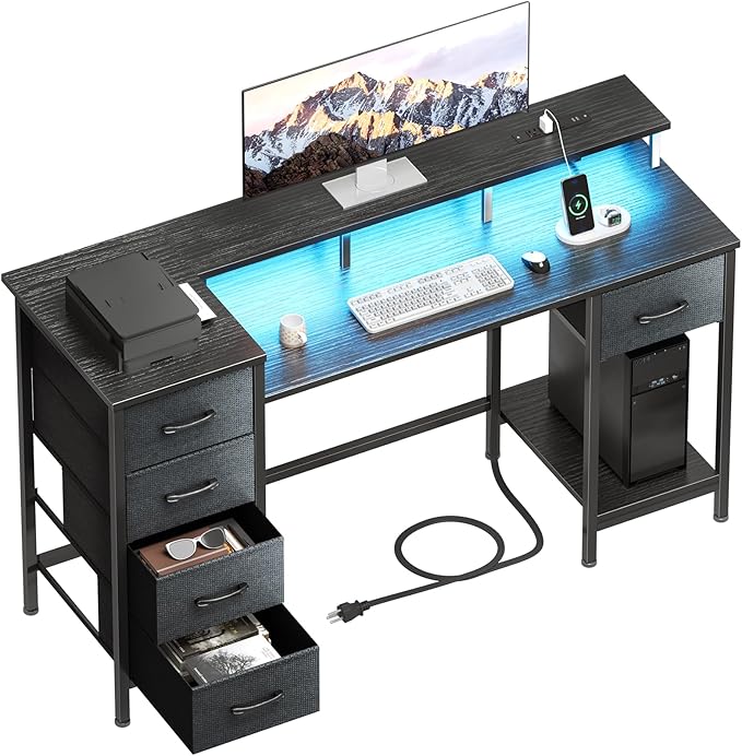 47 Inch Computer Gaming Desk with Power Outlets & LED Lights Reversible Home Office Desk with Adjustable 5 Fabric Storage Drawers for Working Writing Study, Black
