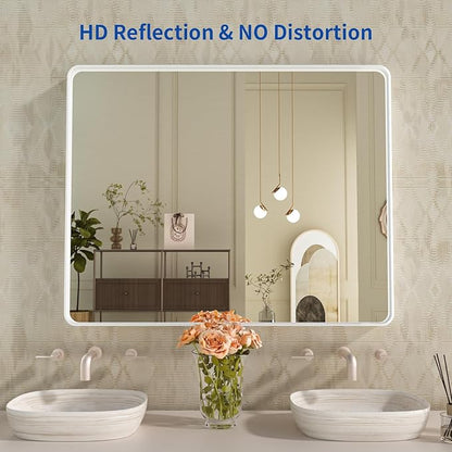 WEER White Bathroom Mirror 40X32 Inch, Rounded Rectangle White Metal Frame Mirror, Matte White Bathroom Vanity Mirror with Tempered Glass, Anti-Rust, Hangs Horizontally or Vertically