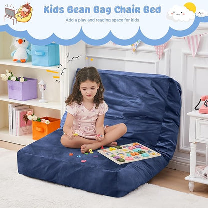 Kids Bean Bag Chair Bed - Convertible Lazy Chair to Floor Mattress with Filler - Small Beanbag Chair for Boys and Girls - Floor Couch Sofa in Bedroom, Classroom, Reading Nook - Navy Blue