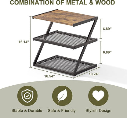 Shoe Rack, Z-Frame Wooden Shoe Shelf with Heavy-Duty Metal Mesh Shelves for Hallway, Living Room, Closet, and Bedroom Organization - Organize Your Shoes in Style (16.54" x 10.24" x 16.14")