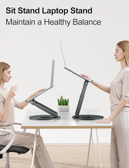 tounee Telescopic Laptop Stand for Desk with 360° Swivel Base, Sit to Stand, Height Adjustable, Portable Riser Holder for Good Posture, Compatible with MacBook Pro, All Laptops 10-17"-Gray