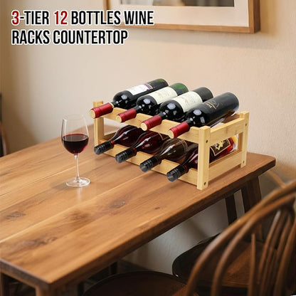 Bamboo Wine Rack, 2-Tier 8 Bottles Wine Storage Cabinet Shelf, Easy-Assembly Freestanding Bamboo Wine Racks Countertop for Kitchen Pantry Dining Room Bar, Natural