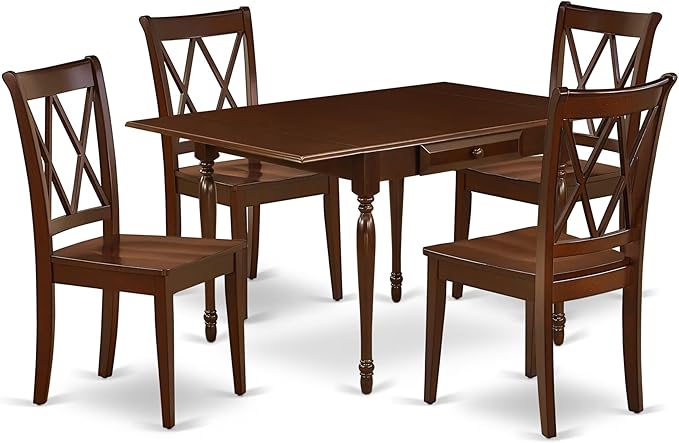 East West Furniture MZCL5-MAH-W 5 Piece Dining Room Table Set Includes a Rectangle Dining Table with Dropleaf and 4 Wood Seat Chairs, 36x54 Inch, Mahogany