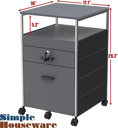 SHW Box File Rolling Mobile Cabinet with Open Shelf and Lockable Drawer, Gray