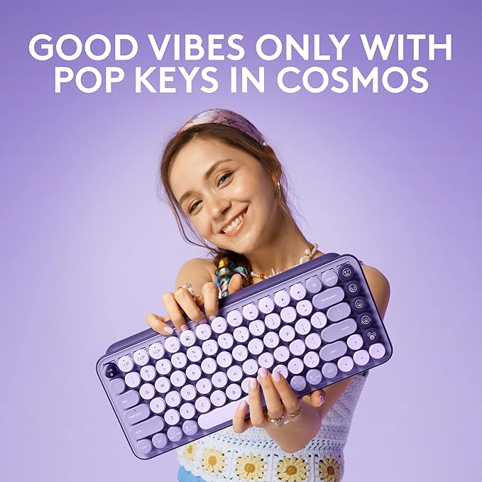Logitech POP Keys Mechanical Wireless Keyboard with Customizable Emoji Keys, Durable Compact Design, Bluetooth or USB Connectivity, Multi-Device, OS Compatible - Cosmos