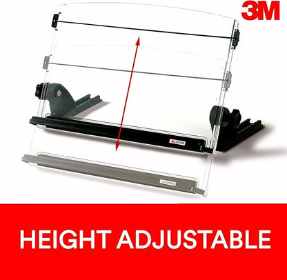 3M Adjustable Document Copy Holder, In-line with Monitor Minimizing Head and Neck Movement, 150 Sheet Capacity Holds Sheets to Books, Elastic Line Guide Keeps Pages Open, 14" Wide, Black (DH630) - Black/Clear
