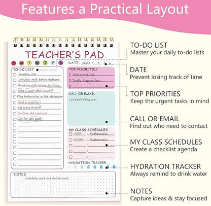 Newkita Teacher To Do List Notepad, 8.3x5.8 Inch Teacher Notepad, Spiral Checklist Notebook for Class Schedules, Daily Planner, School Tasks and Goal Setting (Pink)