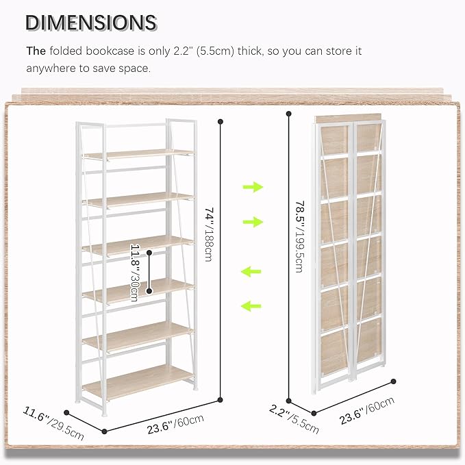 4NM No Assembly Folding Bookshelf, 6-Shelf 74" H Collapsible Foldable Bookcase Storage for Small Spaces, Natural White