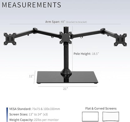 VIVO Black Triple Monitor Mount Freestanding Desk Stand with Glass Base, Heavy Duty Fully Adjustable Stand for 3 Screens up to 24 inches STAND-V003FG