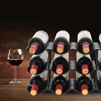 Countertop Wine Rack - 12 Bottle Freestanding Wine Bottle Holder Stand - 3 Tier Wooden Wine Storage Rack - Black Wavy Wine Organizer for Cabinet Pantry Home Kitchen Bar