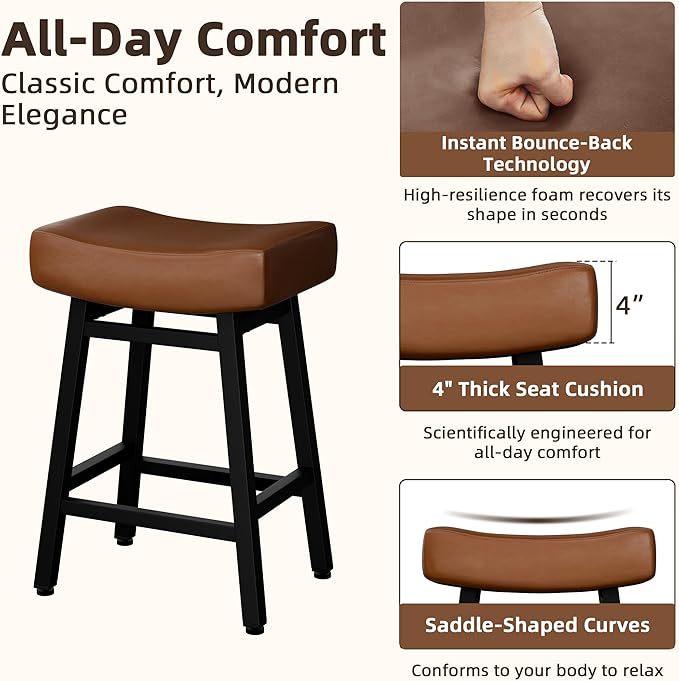 Counter Height Bar Stools Set of 2, 24 Inch Backless BarStools for Kitchen Island Leather Saddle Bar Chairs Kitchen Stools with 4" Thick Seats & Heavy Duty Metal Base, Brown