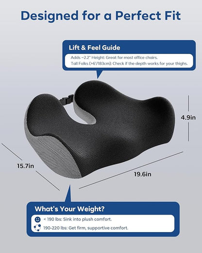 Feagar Seat Cushion - Office Chair Cushion for Hip, Sciatica & Tailbone Pain Relief - Memory Foam Pressure Relief Seat Cushion, Large Wrapped Design for Wheelchair, Car Seat & Long Sitting (Gray)
