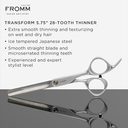 Fromm Professional Transform 5.75" 28-Tooth Extra Smooth Hair Thinning & Texturizing Shears on Wet & Dry Hair in Matte Silver Japanese Steel Scissors with Beveled Blade for Salon Stylists