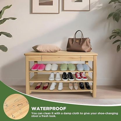 Wood Shoe Bench Entryway with Drawer: 3-Tiers Wooden Storage Shoe Rack with Bench Seat, Compact Mid-Century Modern Design for Entryway, Hallway, Closet, Front Door Entrance, Foyer