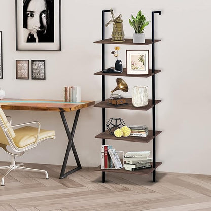 5 Tiers Ladder Shelf Brown Modern Bookshelf Open Tall Wall Mount Bookcase Standing Leaning Wall Shelves Industrial Decorative Living Room Bed Room