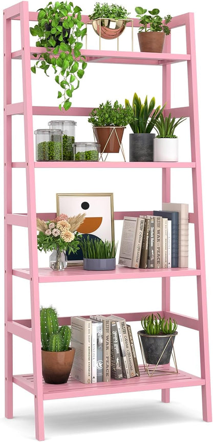 Homykic Bamboo Ladder Bookshelf, 4-Tier Ladder Shelf Open Book Shelf Freestanding Bookcase Bathroom Storage Rack Plant Stand for Living Room, Bedroom, Office, Easy Assembly, Pink