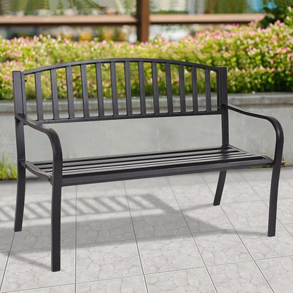 Giantex Outdoor Bench, 50” Patio Garden Bench with Steel Frame, Slat Design, 500 Lbs Weight Capacity, Patio Seating Bench for Porch, Backyard, Poolside, Outside Decor Furniture, Park Loveseat, Black