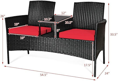HAPPYGRILL Patio Loveseat Rattan Wicker Loveseat with Coffee Table, Outdoor Conversation Sofa Furniture with Cushions for Garden Lawn Backyard Porch