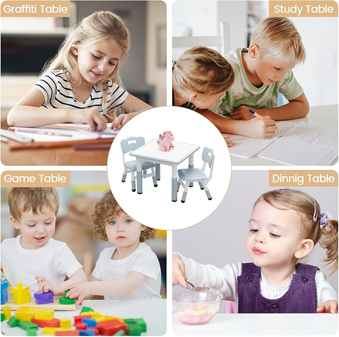 GarveeHome Kids Table and 2 Chairs Set, Height Adjustable Toddler Table and Chair Set for 2, Graffiti Desktop, Non-Slip Design, Children Table for Home Daycare Preschool for Ages 2-8, Gray Blue