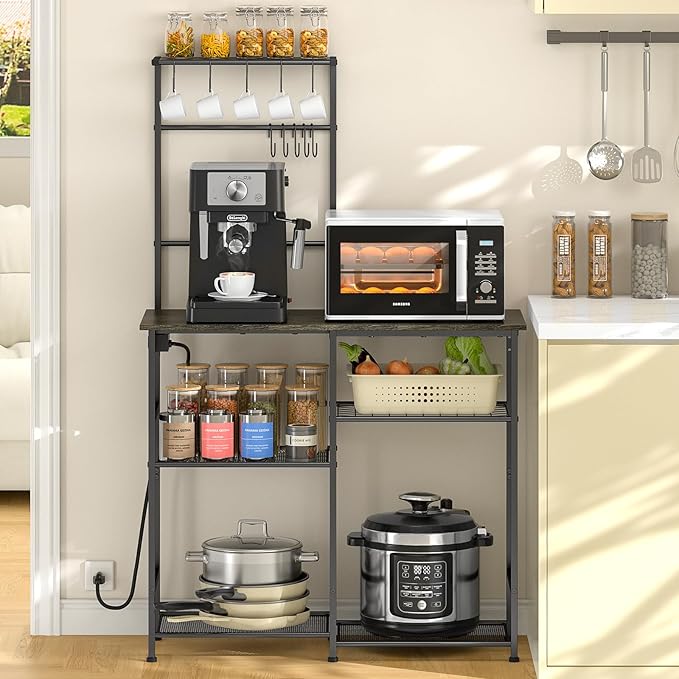 Bakers Rack with Power Outlet, Kitchen Microwave Stand with 10 S-shaped Hooks, 6-Tier Coffee Bar Station, Kitchen Storage Shelf Rack for Spices, Pots, Gray