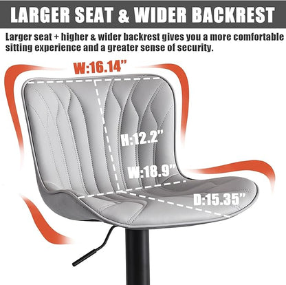 YOUNUOKE Bar Stools Kitchen Chiair Set of 2 Swivel Counter Height Barstools Adjustable Faux Leather Island Chairs Modern Metal Bar Stool with Back, Light Grey