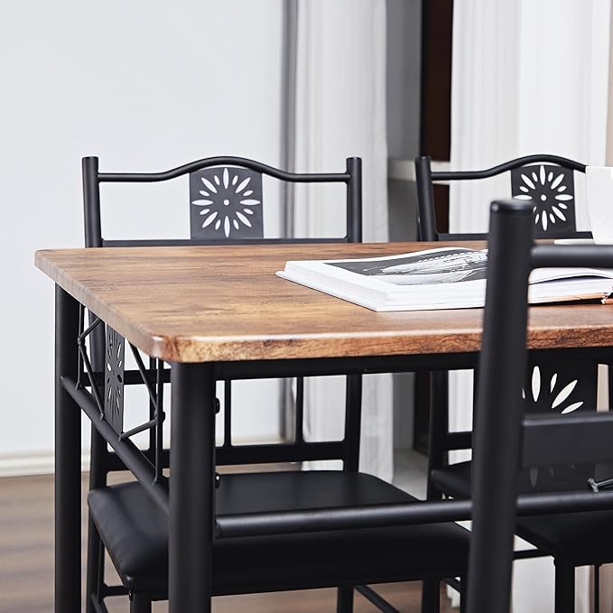 VECELO Kitchen Dining Room Table Sets for 4, 5 Piece Wood Rectangular Breakfast Nook, Dinette with PU Padded Chairs, Brown