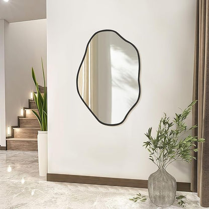 ULIKE Irregular Wall Mirror, 24x36 Inch Black Asymmetrical Mirror with Solid Wood Frame, Abstract Organic Shape Vanity Mirrors for Bathroom Bedroom Living Room Entryway