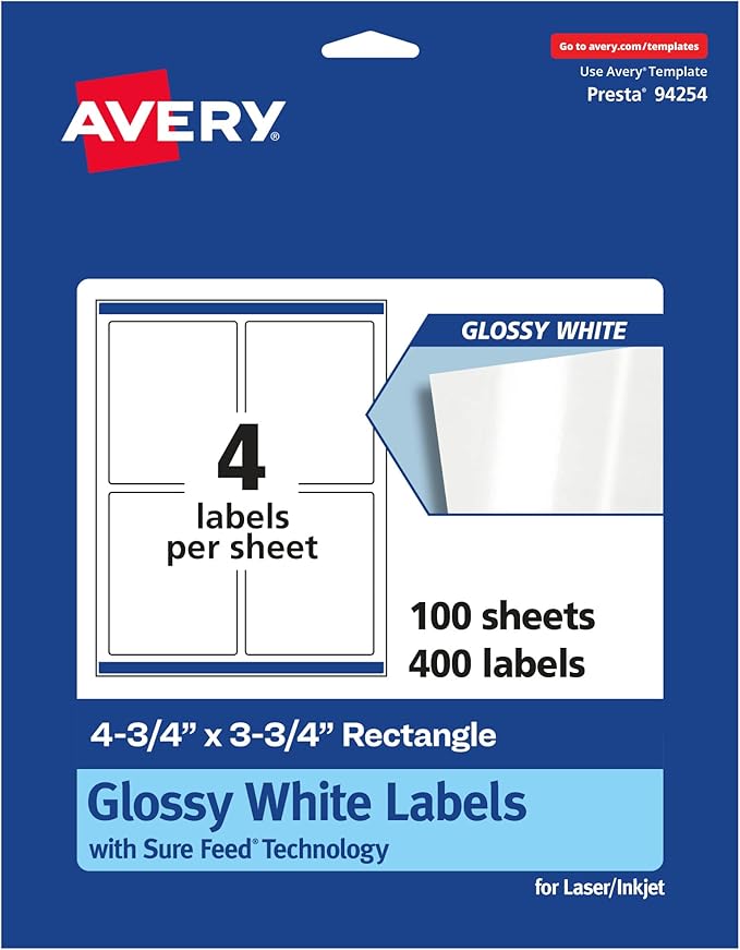 Avery Glossy White Rectangle Labels, Sure Feed Technology, 4.75" x 3.75", 400 Glossy White Labels, Print-to-The-Edge, Permanent Adhesive, Laser/Inkjet Printable