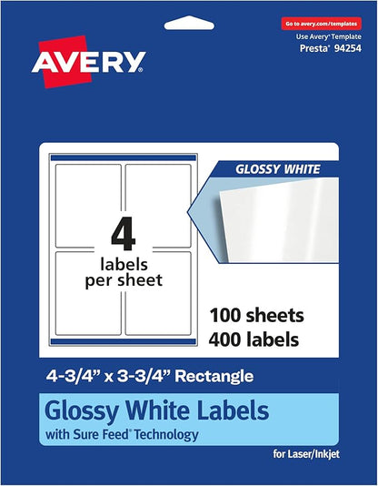 Avery Glossy White Rectangle Labels, Sure Feed Technology, 4.75" x 3.75", 400 Glossy White Labels, Print-to-The-Edge, Permanent Adhesive, Laser/Inkjet Printable
