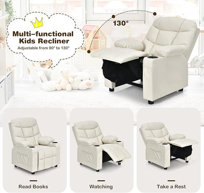 Costzon Kids Recliner Chair with Cup Holder, Adjustable Lounge Chair w/Footrest & Side Pockets for Children Boys Girls Room, Ergonomic Toddler Furniture Sofa, Kids Recliner (Beige)