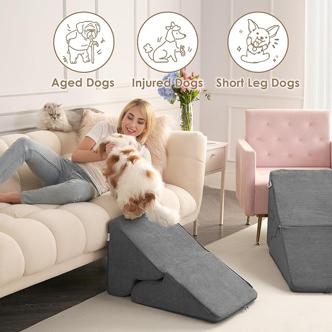 EHEYCIGA Curved Foldable Dog Stairs Ramp for High Beds 19.7" H, 4-Step Dog Steps for Small Dogs and Cats, Pet Stairs for High Bed Climbing, Non-Slip Balanced Pet Step Indoor, Grey