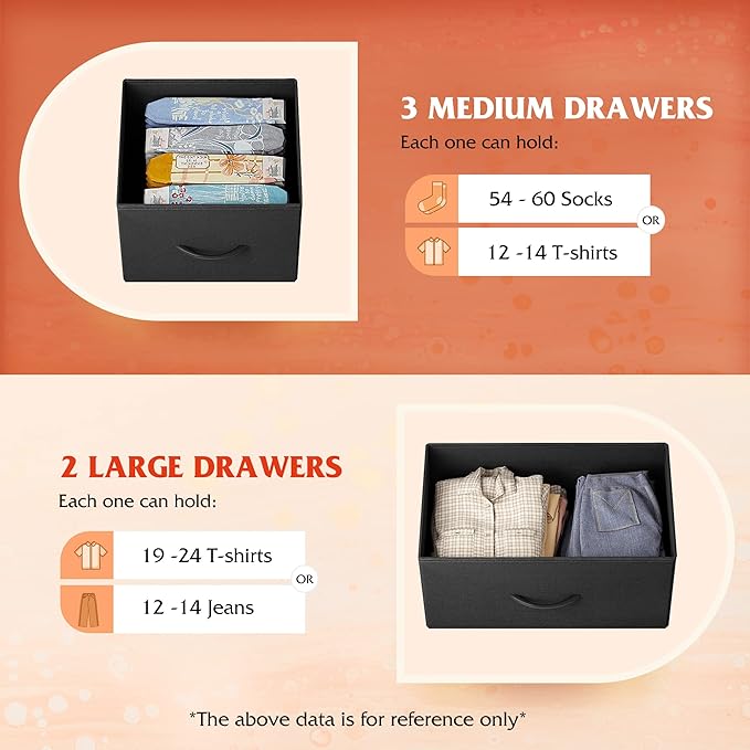 WLIVE Dresser for Bedroom with 5 Drawers, Long Fabric Dresser, Chest of Drawers, Storage Drawer Unit with Fabric Bins for Closet, Living Room, Hallway, Charcoal Black, Size L