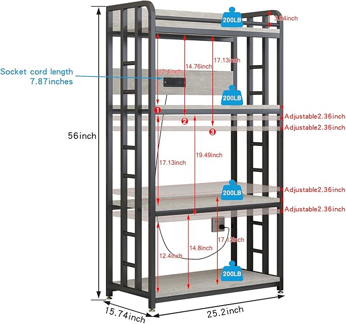 Adjustable 4-Tier Heavy Duty Kitchen Baker's Rack with Power Outlet, with Industrial Wheels, Free Standing Microwave Oven Cart Stand for Storage in Living Room, Garage, Greige