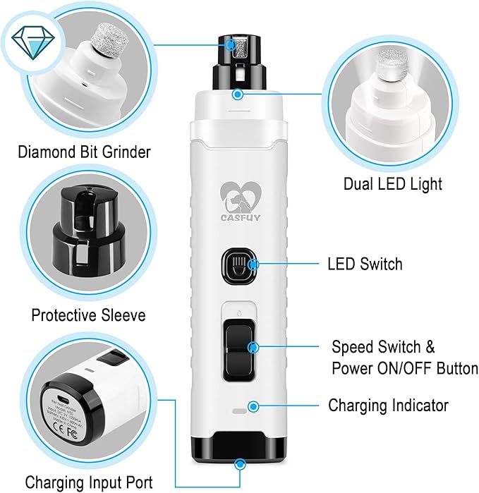 Casfuy Dog Nail Grinder with 2 LED Light for Large Medium Small Dogs - 3X More Powerful 2-Speed Electric Pet Nail Trimmer Rechargeable Quiet Painless Paws Grooming & Smoothing Tool (White)