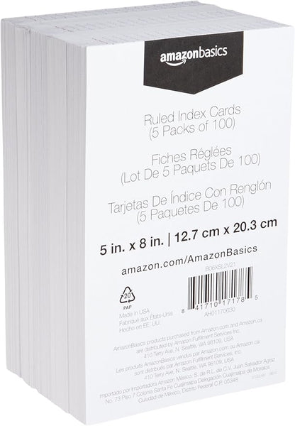 Amazon Basics Ruled Lined Index Cards for Studying and Note Taking, White, 5" x 8", 500 Count (5 Pack of 100)