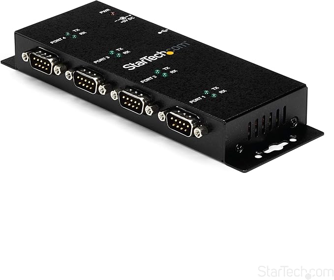 StarTech 4 Port USB to Serial RS232 Adapter - Wall Mount - Din Rail - COM Port Retention - FTDI USB to DB9 RS232 Hub, TAA (ICUSB2324I)