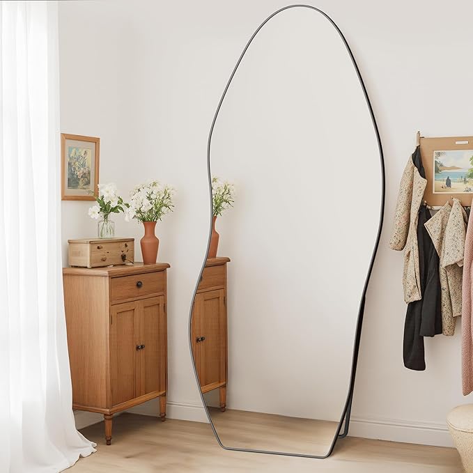 Antok Full Length Mirror, 68"x26" Floor Mirror with Stand, Standing Hanging Leaning Irregular Mirrors for Bedroom Living Room Entryway, Wavy Shaped, Black