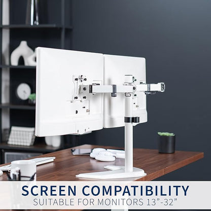 VIVO Dual LED LCD Monitor Mount, Free-Standing Desk Stand for 2 Screens up to 32 Inch, Heavy-Duty Fully Adjustable Arms with Max VESA 100x100mm, White, STAND-V032FW