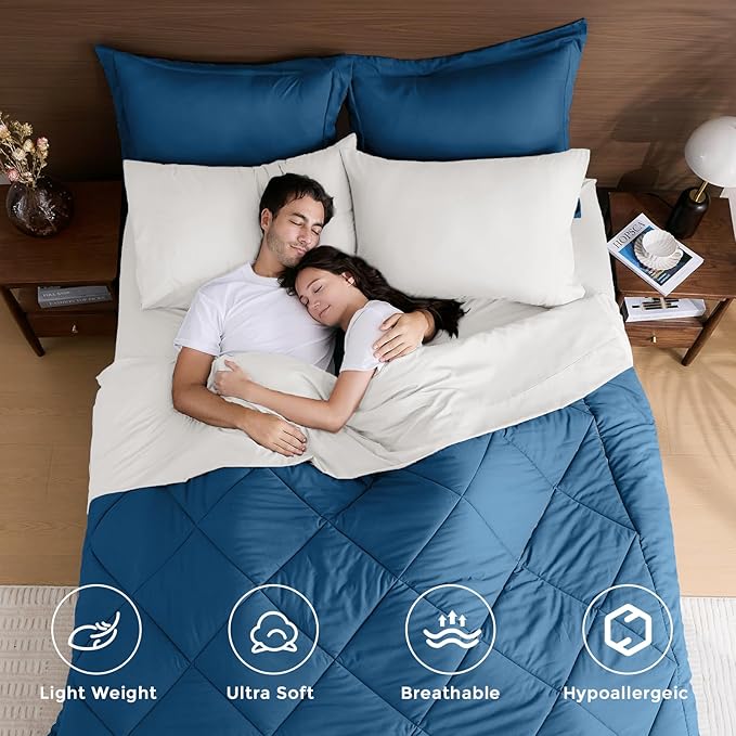 HEVUMYI Teal Blue & Ivory Queen Comforter Set - 7-Piece All Season Bed in a Bag Queen, Ultra Soft Bedding Set with Comforter, Flat Sheet, Fitted Sheet, Pillowcases, Pillow Shams, Teal Blue & Ivory