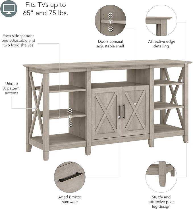 Bush Furniture Key West Tall TV Stand for 65 Inch TV in Washed Gray, Farmhouse Entertainment Center with Storage