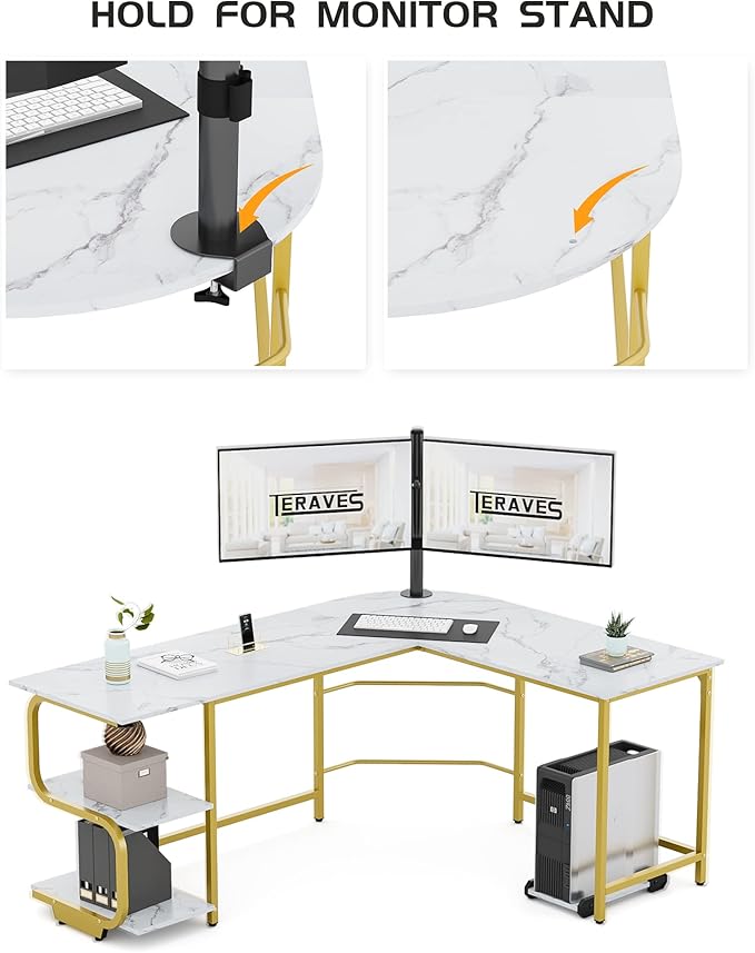 Teraves Reversible L Shaped Desk with Large Surface, 69 Inch Sturdy Corner Desk with Storage Shelves, Premium Office Computer Desk Workstation for Home Office Gaming