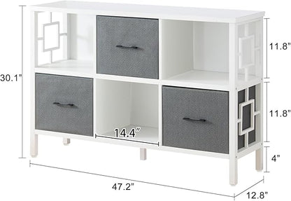 HOMISSUE 6 Cube Storage Organizer Shelf, Rustic Short Bookshelf with 3 Storage Bins, Industrial Horizontal Bookshelf with Metal Frame, Low and Wide Cube Bookcase for Living Room and Office, White